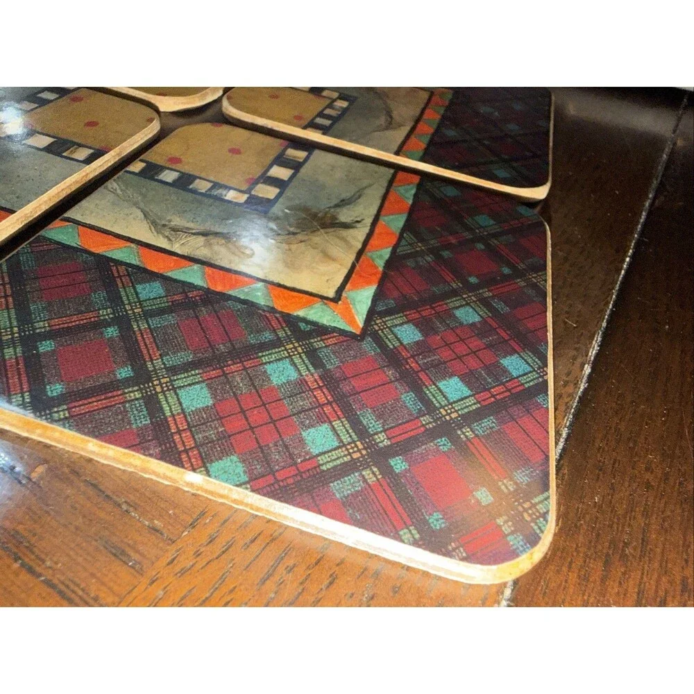 MacKenzie-Childs Pimpernel Square Cork Coaster Set Celtic Corners Plaid Dots